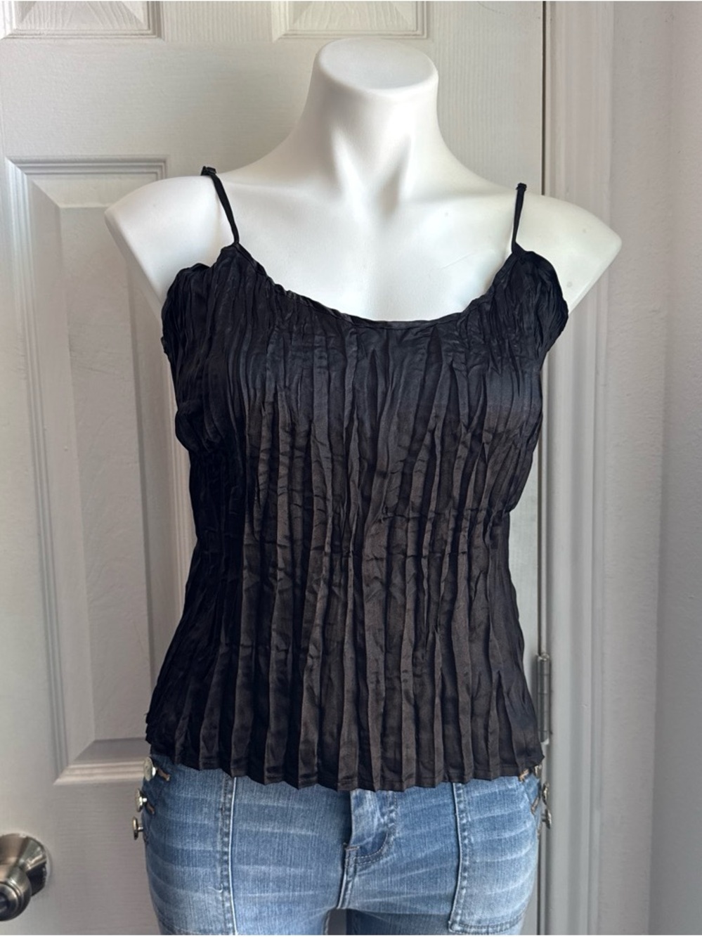 Women's Black Pleated Spaghetti Strap Camisole